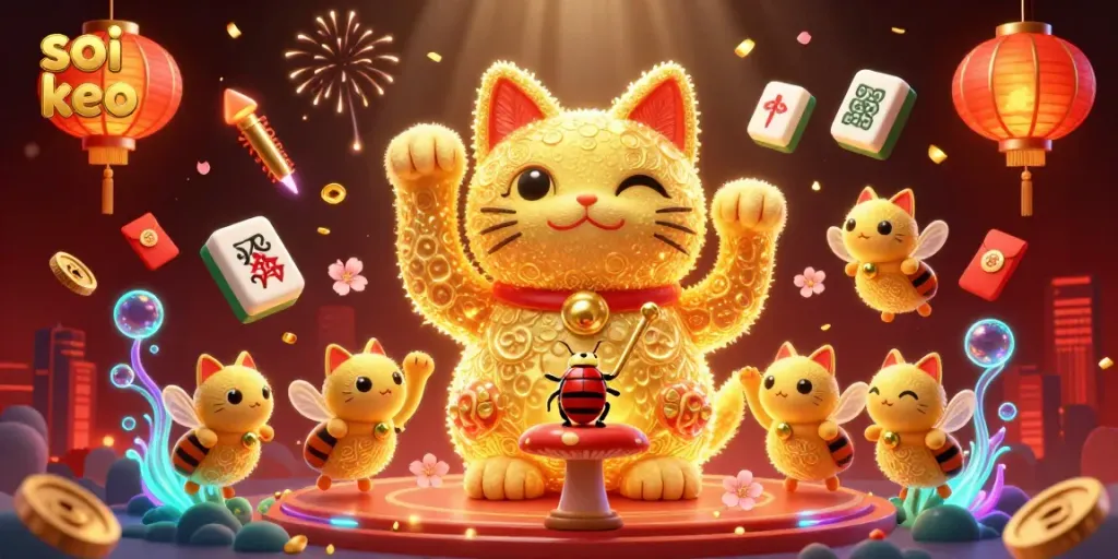 Soi keo represents a vibrant casino scene with golden fireflies and symbols, capturing the excitement of betting.