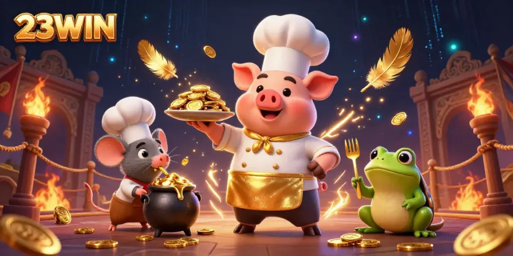 23WIN showcases a gourmet casino scene with characters amid swirling coins and gold.