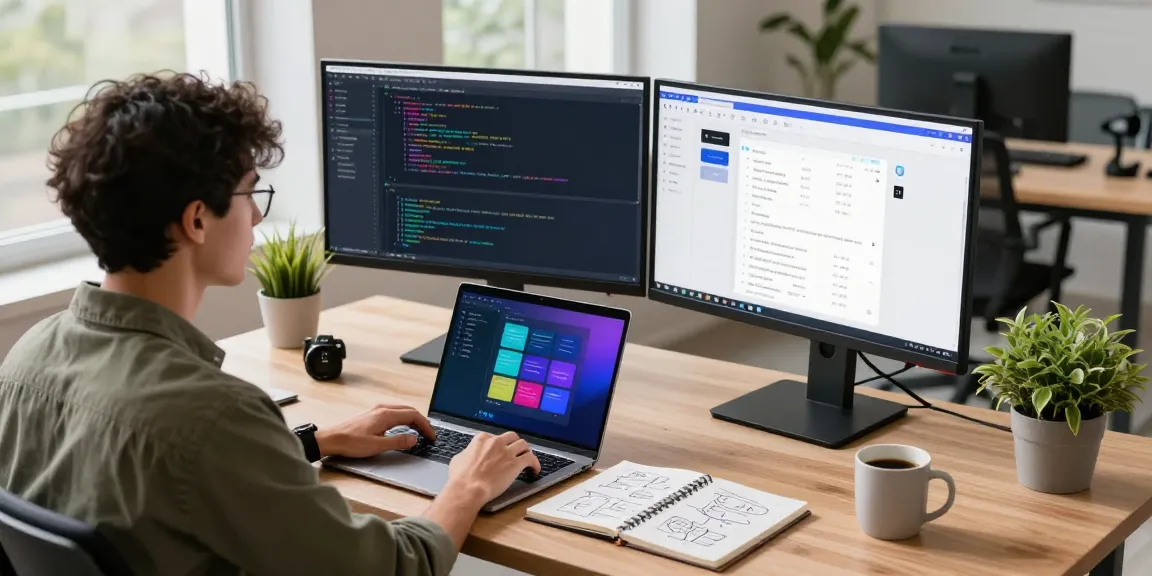 Build internal tools with AI showcased in a vibrant software development workspace with modern tech elements.