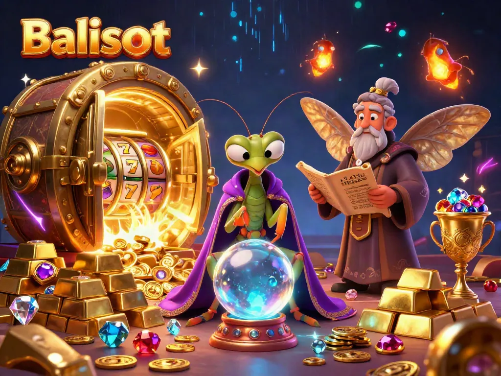 Balislot themed illustration with fortune teller characters, treasure vaults and slot reels.