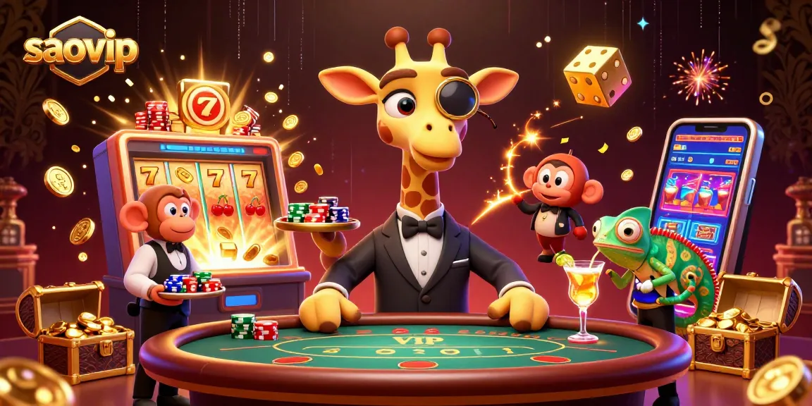Engage with saovip's vibrant casino illustration featuring a high-roller giraffe at a VIP poker table surrounded by fun gaming elements.