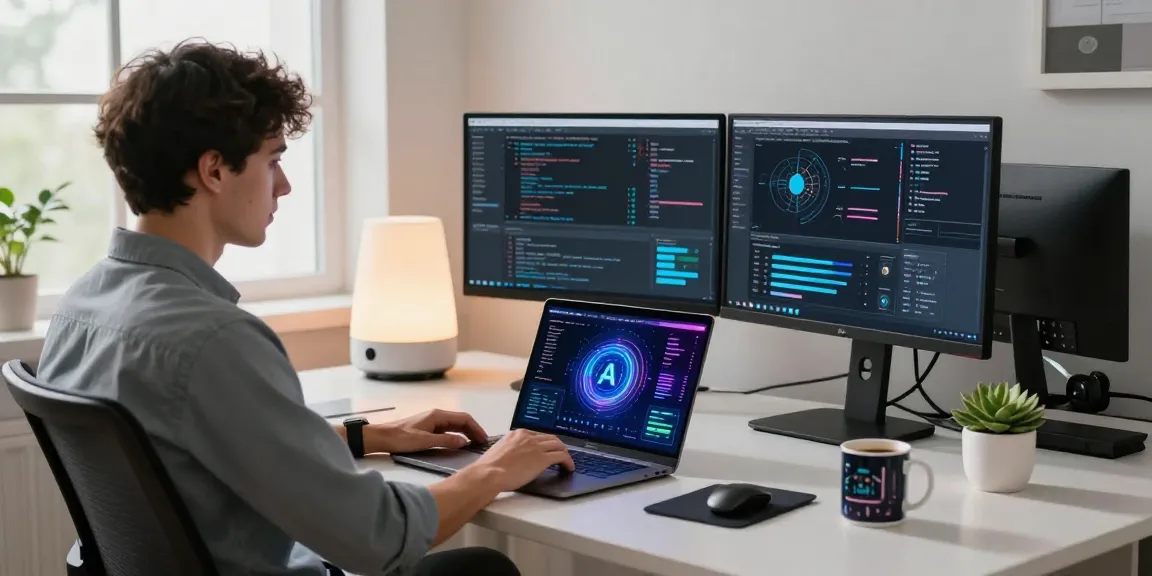 AI laptop in a tech workspace with data visualizations and programming code.