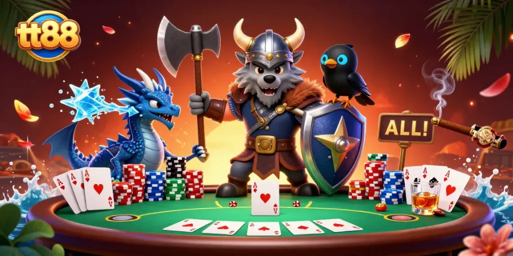 Engage in thrilling gameplay at tt88 as the Viking wolf warrior dominates the poker table.