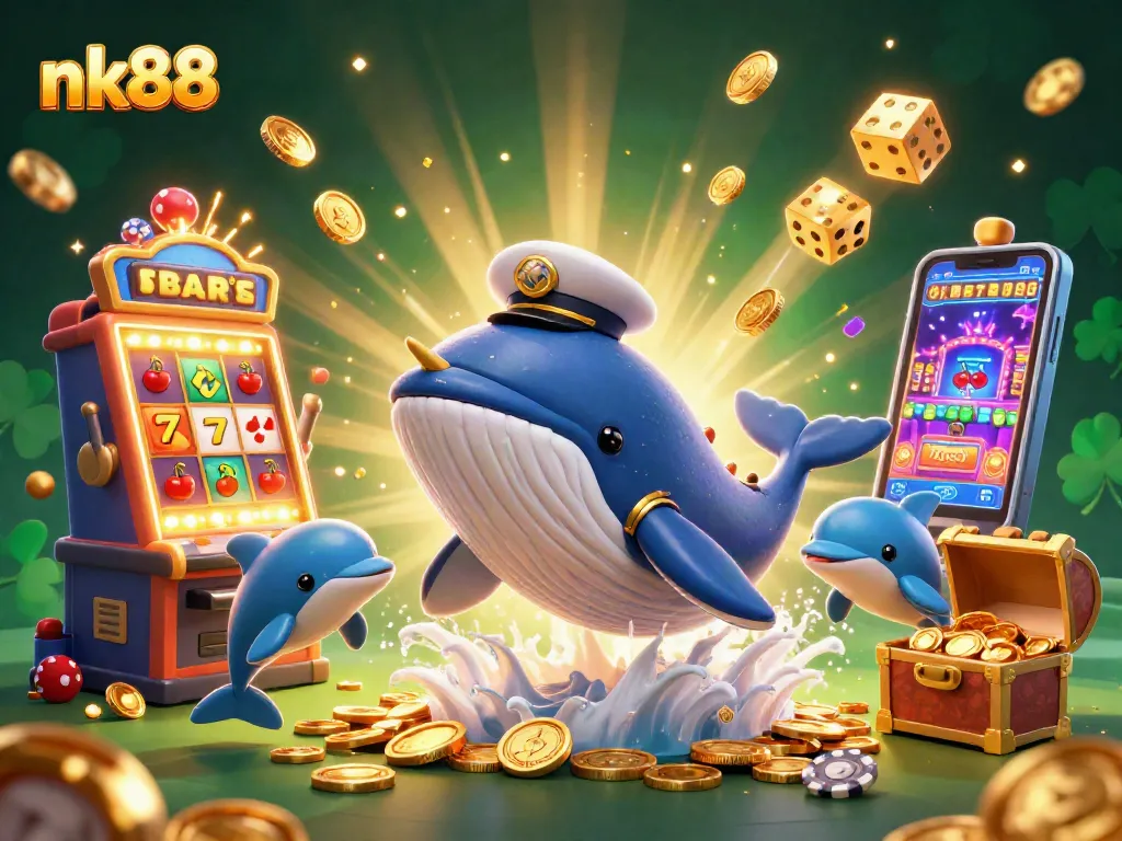 Experience the excitement of nk88 with a vibrant 3D illustration of a whale, narwhal, and playful dolphins in a casino atmosphere.