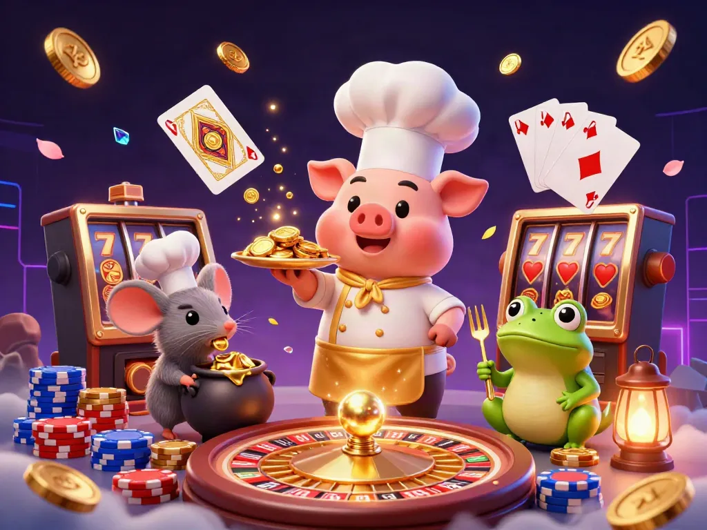 Engaging illustration of a chef pig serving gold coins in a vibrant casino scene featuring the word toto.