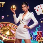 Experience UFABET's vibrant casino scene filled with golden coins, roulette elements, and captivating games.