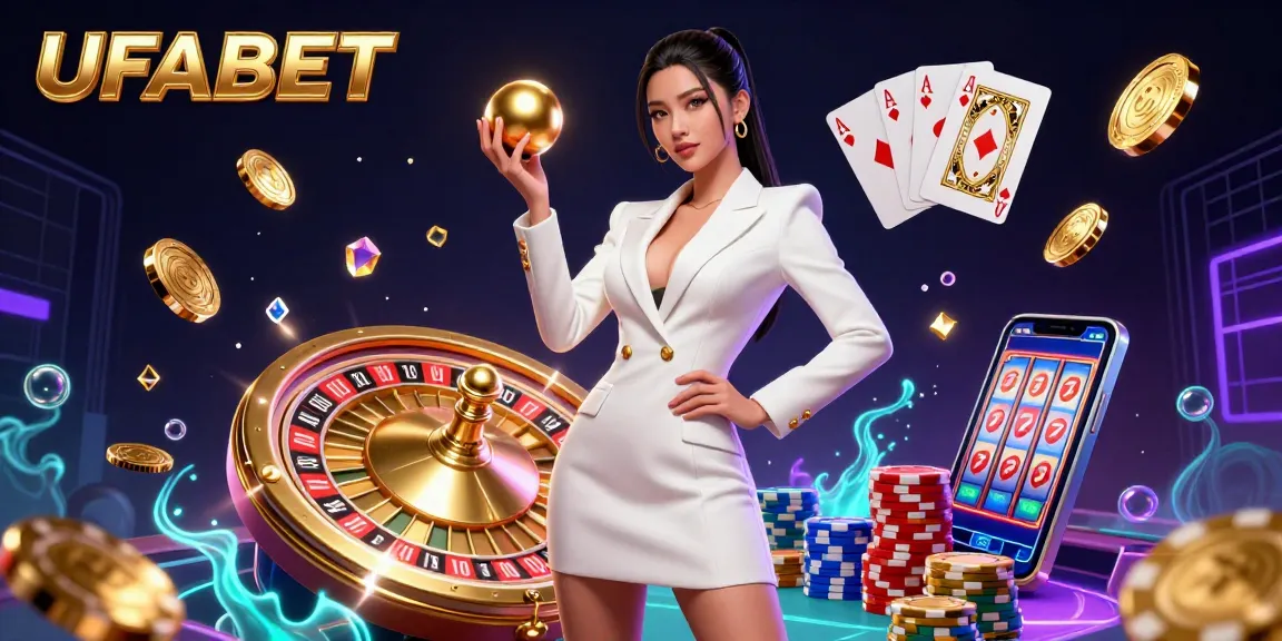 Experience UFABET's vibrant casino scene filled with golden coins, roulette elements, and captivating games.