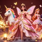 Bet on tỷ lệ 7M while viewing an enchanting scene of a glamorous Asian woman, unicorn, and cards.