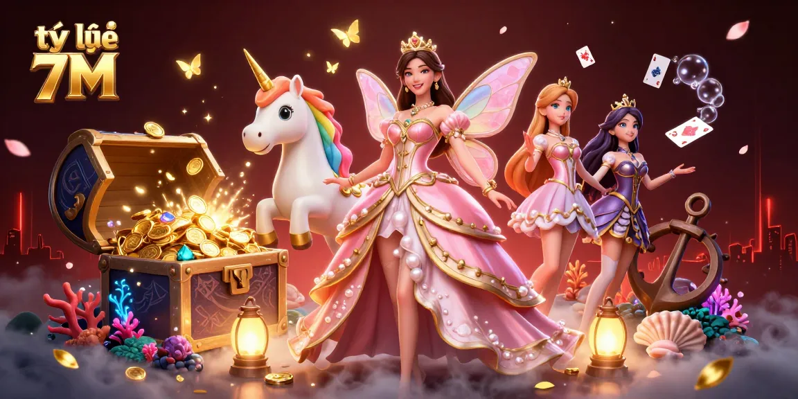 Bet on tỷ lệ 7M while viewing an enchanting scene of a glamorous Asian woman, unicorn, and cards.