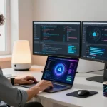 AI laptop in a tech workspace with data visualizations and programming code.