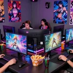 Players enjoying popular game hentai titles together in a vibrant gaming lounge.