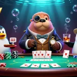 Experience the excitement of f8betlv with a fun, underwater poker game illustration featuring a walrus, penguin, and pufferfish.