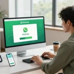 WhatsApp下載 process in a modern tech workspace with a user engaged at a sleek desk.