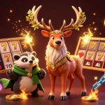 Experience thrilling casino action with ok65, featuring a magical druid stag, coins, and vibrant game elements.