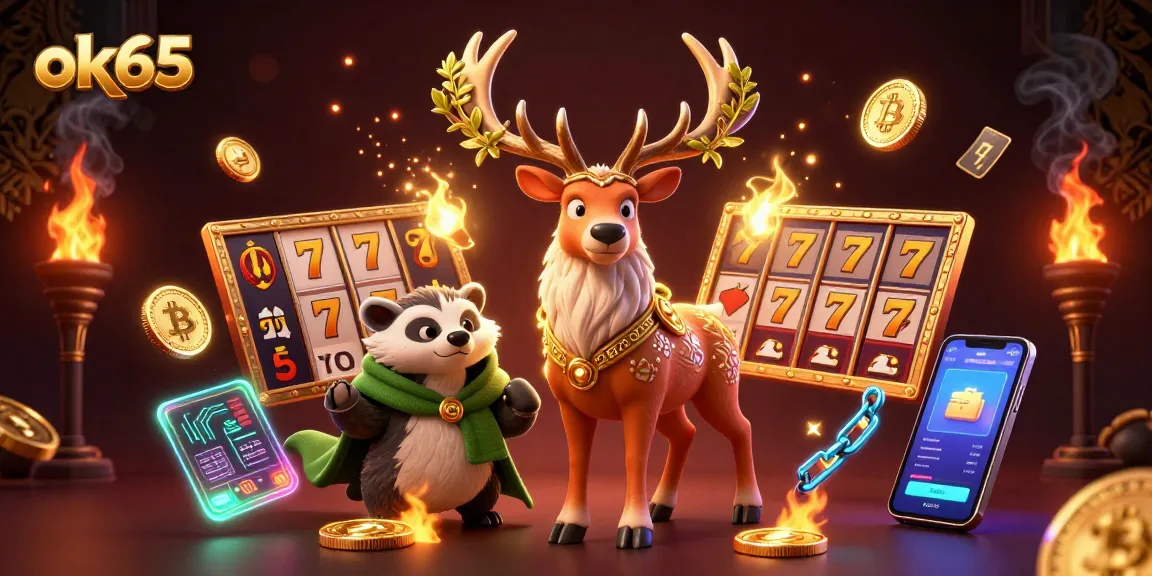 Experience thrilling casino action with ok65, featuring a magical druid stag, coins, and vibrant game elements.