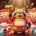 Engage with slot gacor visuals featuring a cheerful raccoon, samurai crane, and fortune cats in a colorful casino scene.