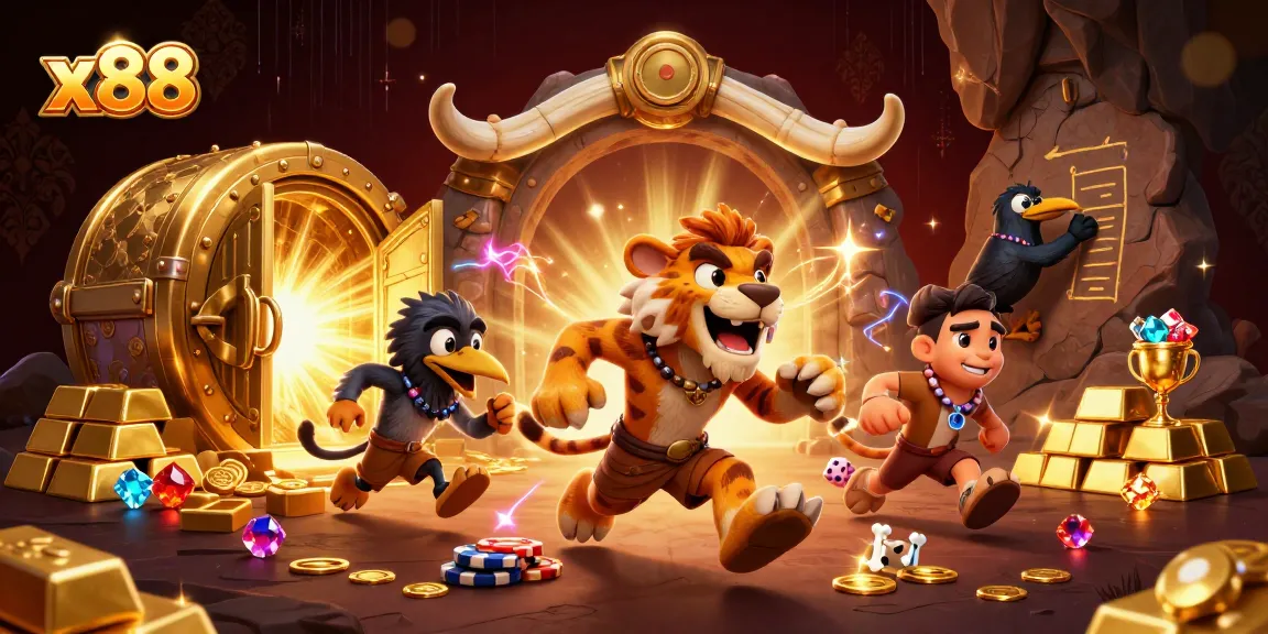 X88 players engaged in an exciting casino game with vibrant treasures and stunning visuals