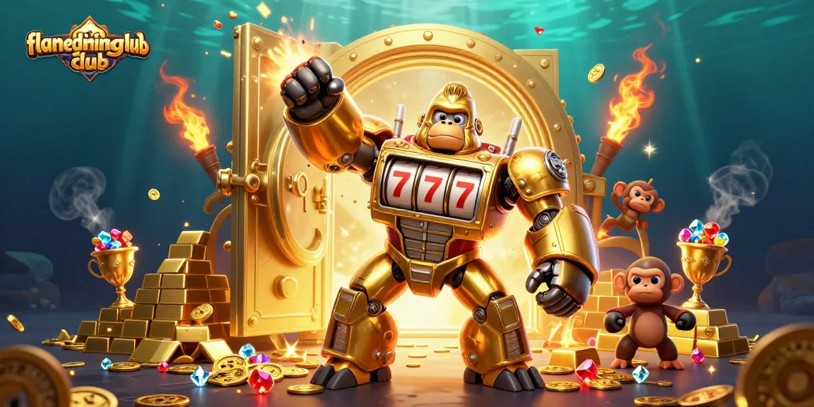 Experience thrilling slots at flamediningclub with dynamic golden characters and jewels bursting from the scene.