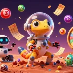 Engage in rr99 gaming with a Martian gecko exploring a vibrant, packed alien casino scene.