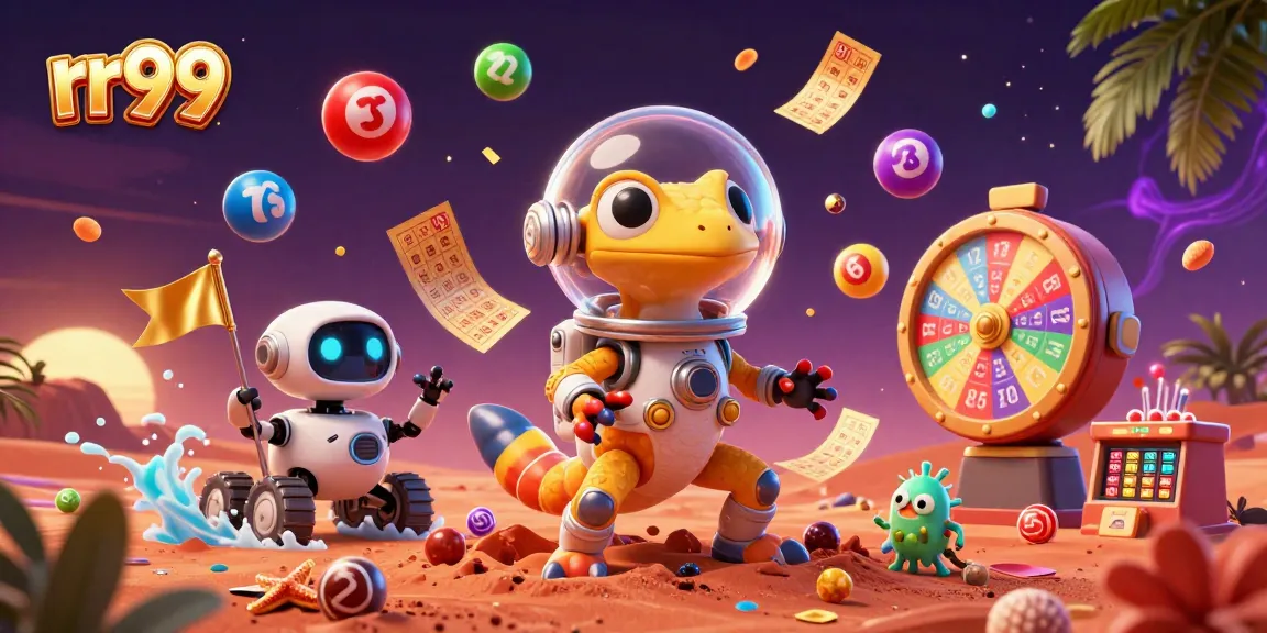 Engage in rr99 gaming with a Martian gecko exploring a vibrant, packed alien casino scene.