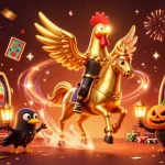 Spin to win with Nổ Hũ as a golden rooster rides through a lively casino scene filled with slot excitement.
