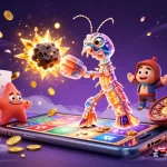 OPEN88 samurai shrimp blasts through an asteroid, surrounded by vibrant casino elements and illuminating effects.