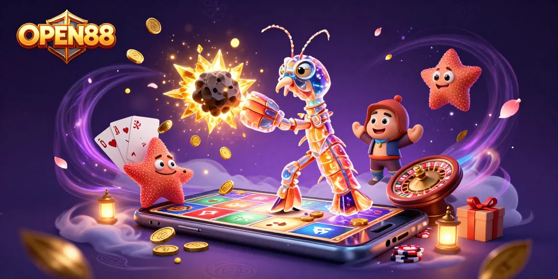 OPEN88 samurai shrimp blasts through an asteroid, surrounded by vibrant casino elements and illuminating effects.