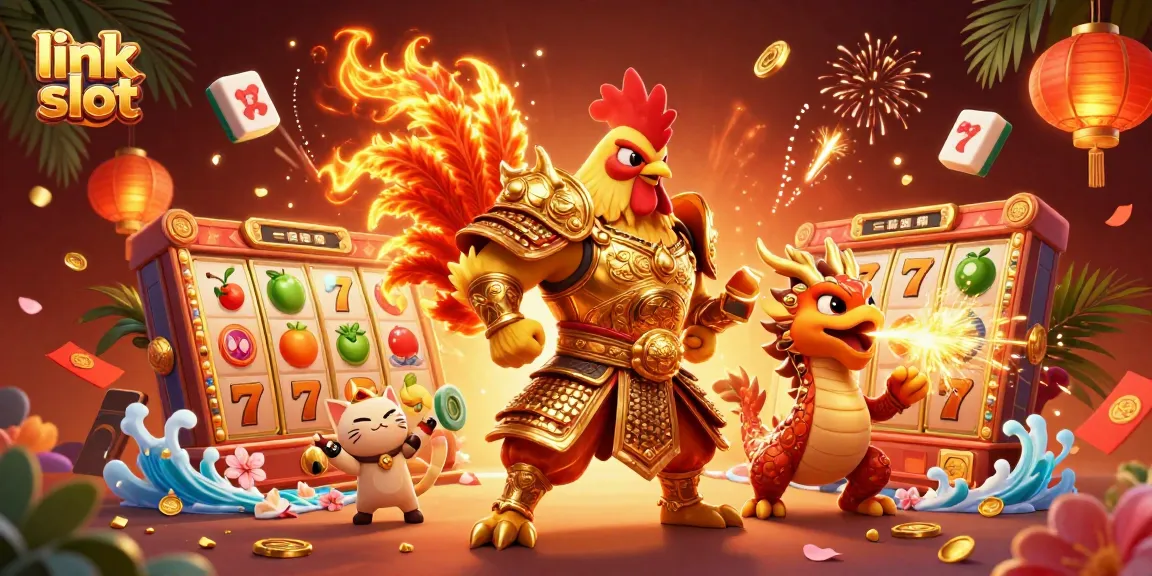 Gambar dari link slot yang menunjukkan ayam jantan bertarung dan naga bersorak di kasino.