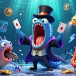 Experience the magic of TOPBET with a whimsical underwater scene featuring a gambling-themed eel, anglerfish, and sea cucumber.