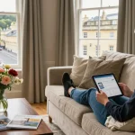 Bath short-term rental management showcased in a stylish Georgian apartment with guests enjoying a relaxed atmosphere.