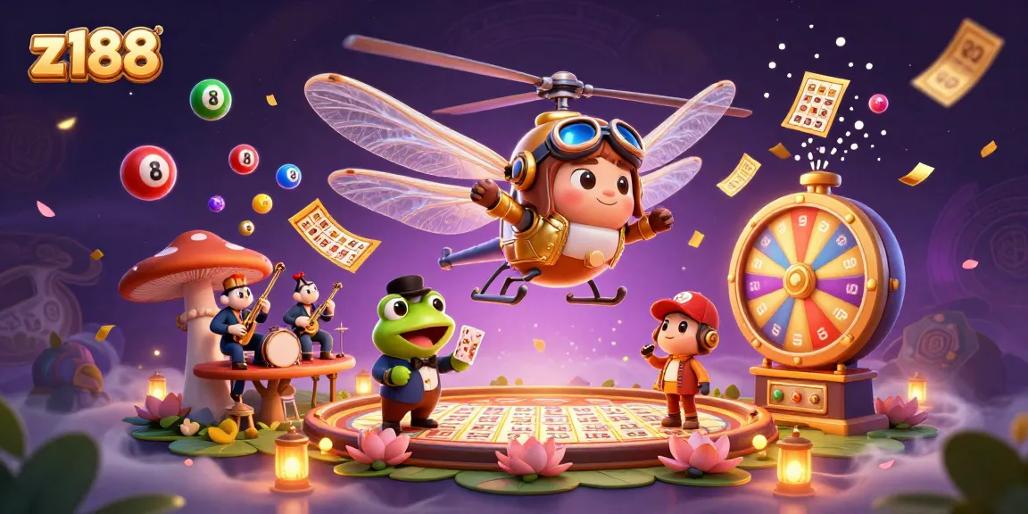 Engage with z188's vibrant casino scene showcasing a playful dragonfly pilot, frog croupier, and lively jazz musicians.