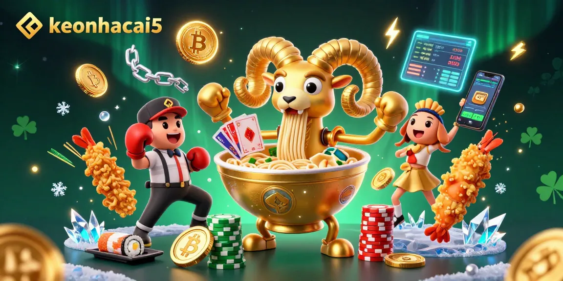 Engage with keonhacai5's vibrant casino scene with cartoon characters and crypto elements for an exciting betting experience.