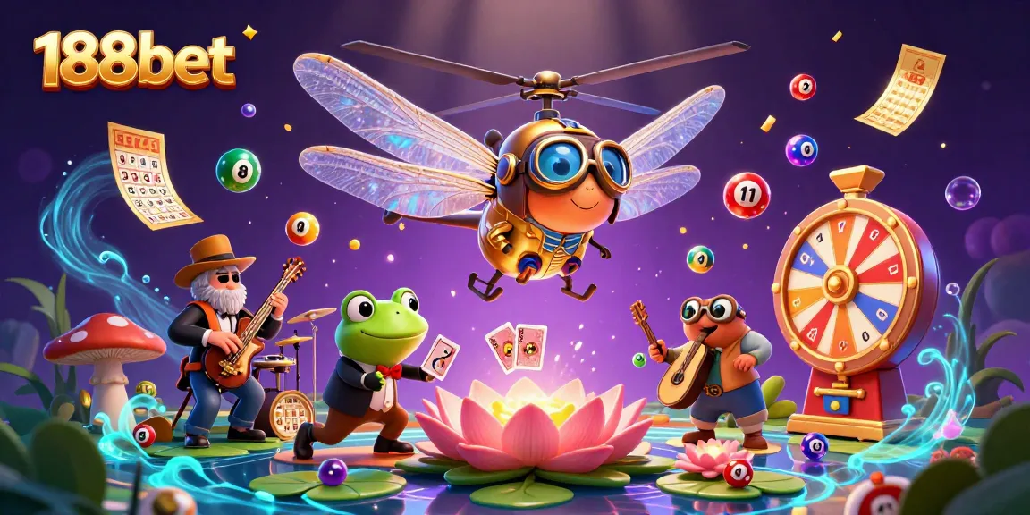 Experience vibrant gaming with 188bet featuring a dragonfly pilot and a frog croupier.
