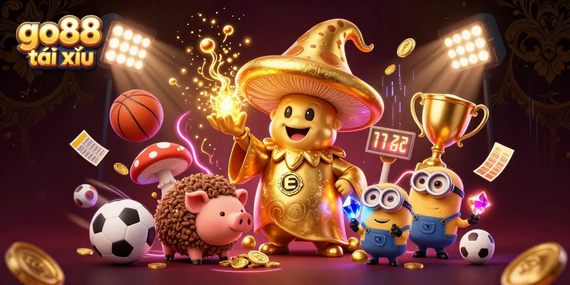 Experience the excitement of go88 tài xỉu with a dazzling 3D illustration featuring magical characters and vibrant sports elements.