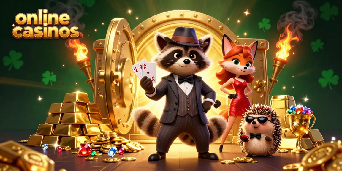 Experience excitement at online casinos with our cartoon characters celebrating big wins amidst a treasure-filled casino