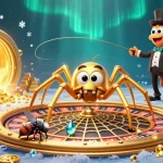 OPEN88 thrills with a golden spider and centipede croupier in a vibrant casino scene.