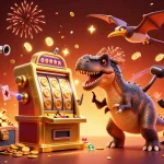 Play and win with okwintv: pachycephalosaurus hits a jackpot slot machine in a vibrant casino scene