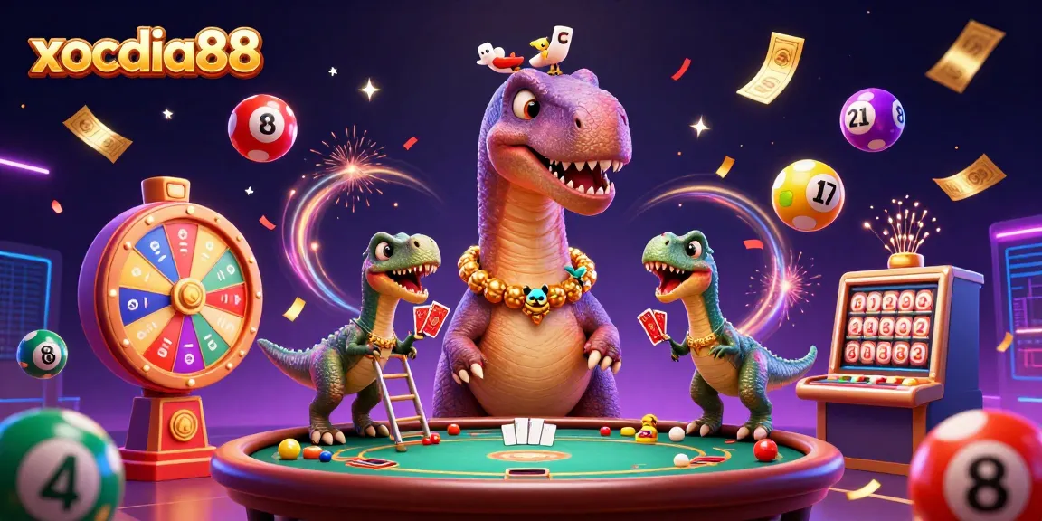 xocdia88 brings an exciting casino scene with a giant brontosaurus and dynamic game elements.