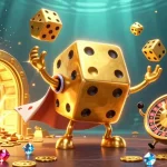 Engage in the thrilling world of slot depo 5k with a vibrant scene full of colorful dice and gems.