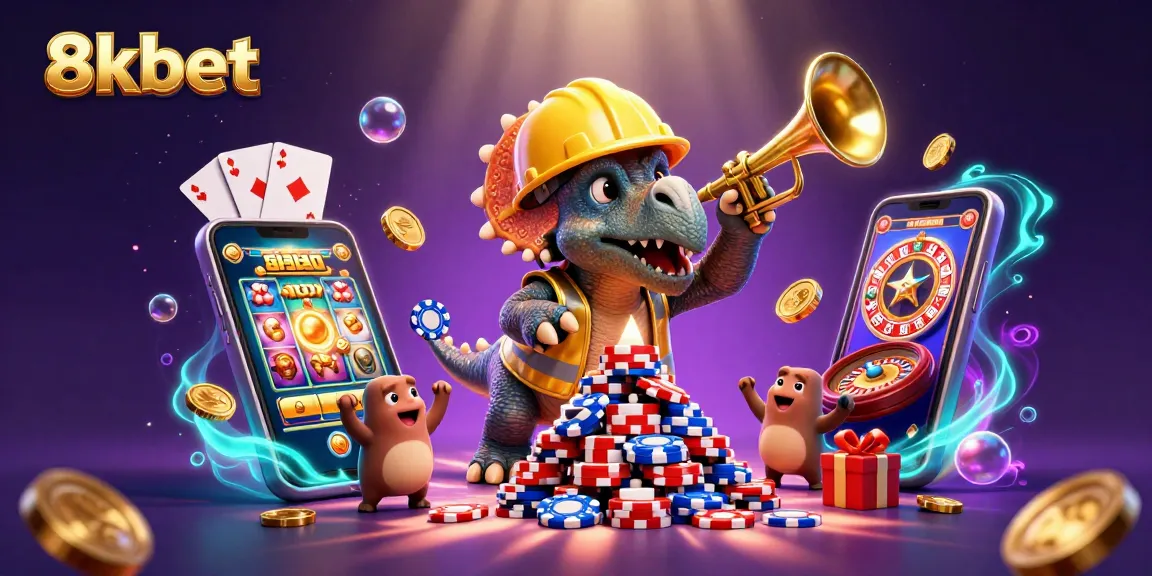 8xbet features a lively 3D casino scene with triceratops building poker chips amidst vibrant gaming elements.