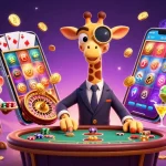 Experience the thrill of 8xbet with a lively scene featuring a high-roller giraffe, monkey valet, and chameleon bartender in a vibrant casino environment.