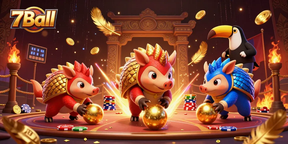 Experience thrilling action with 7Ball as animated pangolins roll into victory amidst poker chips.