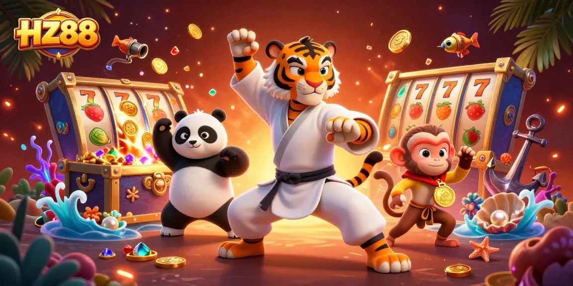 Experience the thrilling action at HZ88, where playful characters come alive in a lively casino scene.