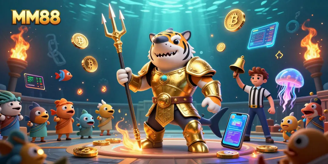 Engage in thrilling bets at MM88 with a dynamic underwater colosseum scene featuring stunning 3D characters and crypto elements.