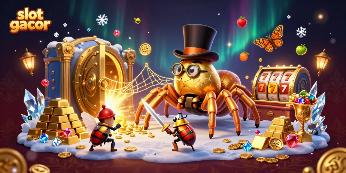 Spin the reels on slot gacor with a golden tarantula and beetle knight in a vibrant casino scene.