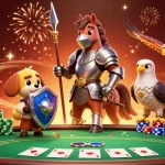 Experience thrilling poker at HUBET, featuring vibrant characters and dynamic poker elements in a festive atmosphere.